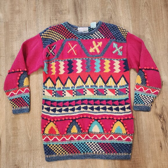 Vintage Pink Geometric Abstract Tunic Length Sweater with 3D Baubles Artsy Sz M - Picture 3 of 10